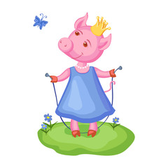 Cartoon cute pig in blue dress and golden crown on green meadow along flowers isolated on white background, colorful vector illustration animal, Character design for greeting card, children invitation