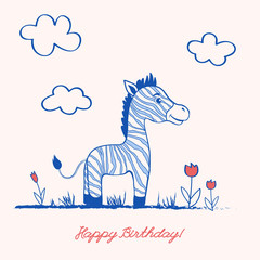 Cute cartoon cheerful zebra on grass along tulip flowers on light background, Vector graphic color illustration, Character design for greeting card, children invite, baby shower, creation of alphabet
