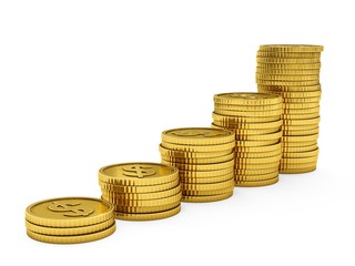 3D rendering gold coins on white background