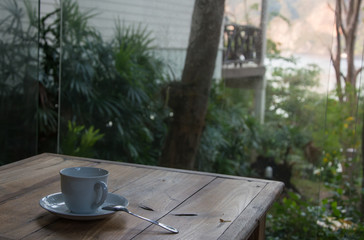 Cup of coffee on the table under dense vegetation early in the morning