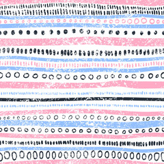 Seamless striped pattern. Vintage print, grunge texture Simple ornament. Handmade. White, gray, pink and blue colors.