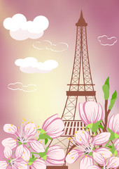 Fototapeta na wymiar Spring in Paris. Vector illustration with Eiffel tower and blooming Sakura