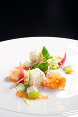 Fine dining, Elegant seabass tartare with avocado and pesto topped balsamic sauce