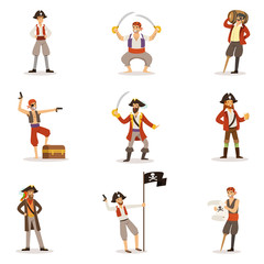 Fototapeta na wymiar Pirate Sailors With Classic Filibusterer Attributes Set Of Smiling Male Characters With Guns And Sabers.