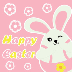 Obraz premium Easter card with cute bunny girl and flowers on pink background suitable for Easter postcard, wallpaper, and greeting card