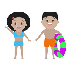 Two children dressed in beach isolated on white background. Boy and girl African American. Vector cartoon