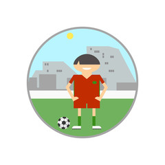 Football player on the field with the ball. Sign in round frame, vector