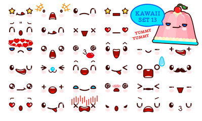 Set of cute kawaii emoticon face and sweet jelly kawaii. Collection emoticon manga, cartoon style. Vector illustration. Adorable characters icons design
