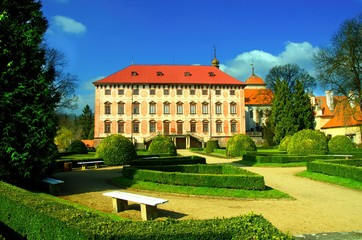Fototapeta na wymiar Castle Libochovice with french style gardens. Front view. Libochovice, Litomerice district, Usti nad Labem region, Czech Republic