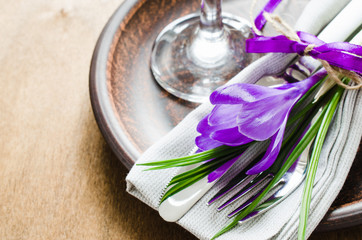 Spring Festive Table Setting With Fresh Flower.