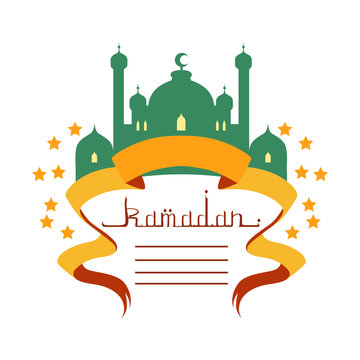 Ramadan greeting card with mosque and calligraphy lettering Ramadan. Colorful vector illustration