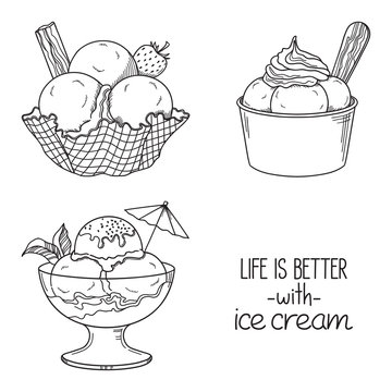Set of hand drawn ice cream served in glass, waffle and paper bowls