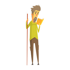 Bearded man holding a long wooden pointer and reading a book. Colorful cartoon character