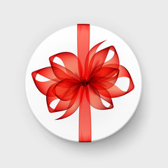 Vector White Round Gift Box with Transparent Red Scarlet  Bow and Ribbon Top View Close up Isolated on Background