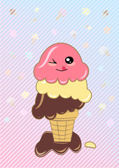 Cartoon waffle cup of ice cream with smiling face on striped pink-blue background