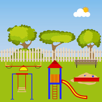 Children's playground with a sandbox and swings