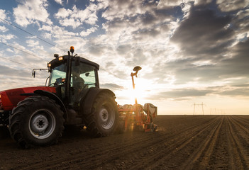 Obraz premium Farmer with tractor seeding - sowing crops at agricultural field in spring