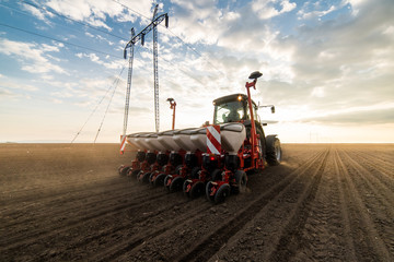 Farmer with tractor seeding - sowing crops at agricultural field in spring