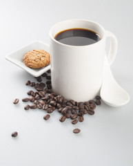 coffee or cup of coffee and cookie on background.