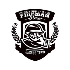 Obraz premium Monochrome logo, emblem, fireman in a gas mask.