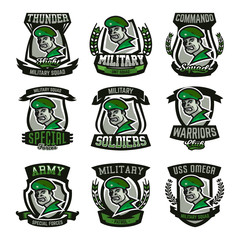 A collection of emblems, logos, military man.