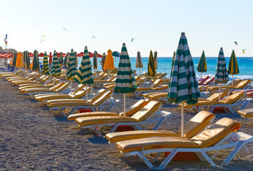 view of beach with chairs and umbrellas. Greece.