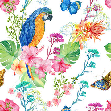 seamless pattern ,watercolor illustration .parrots and flowers