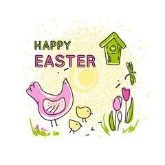 Happy easter. Easter card. Template for greeting card. Chicken and chicken. Spring flowers