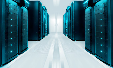 symmetrical futuristic modern server room in modern data center with bright light
