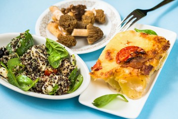 Quinoa salad,gratin potato and mushroom