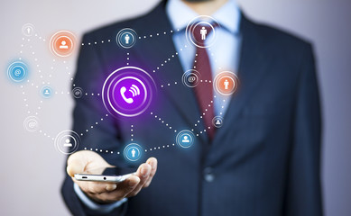 businessman  hand phone with  social technology network