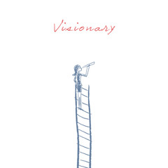 Fototapeta premium Businesswoman standing on top of corporate ladder vector illustration as a symbol of business career, visionary, ambitions. Hand drawn sketch design.
