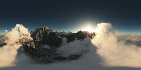 panorama of mountains. made with the one 360 degree lense camera without any seams. ready for virtual reality. 3D illustration