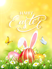 Yellow background with rabbit and three Easter eggs in grass