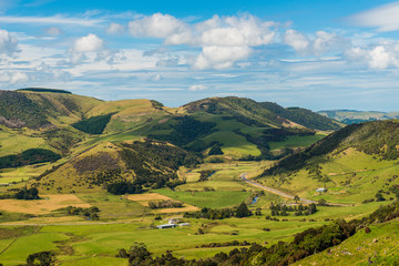 view of Green hills and valleys of the South Island, New Zealand