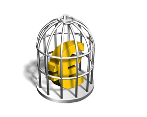 Golden Euro sign in the silver cage, 3D illustration