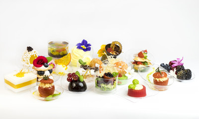 Mini canape with elements of molecular kitchen on white background