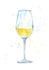 Glass of a white wine.Picture of a alcoholic drink.Watercolor hand drawn illustration.