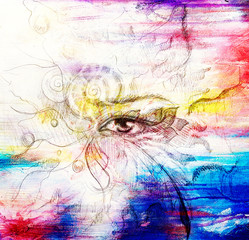 Mystic eye with floral ornament. Drawing on paper, Color effect. Eye contact. Computer collage.