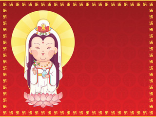 Vector Illustration of Guanyin the Goddess of Mercy Standing on Lotus. Chinese Goddess. Cartoon Character with Red Background for Greeting Card, Banner, Poster.
