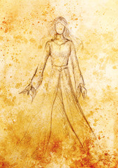 Sketch of mystical woman in beautiful dress inspired by middle age design. Color effect.