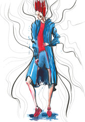 Vector Fashion girl in sketch-style.watercolor illustration.