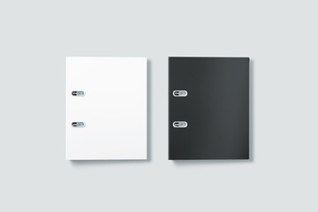 Blank black and white ring binder folder cover mockup top view, 3d rendering. Self-binder mock up with stack of a4 paper. Office supply cardboard folder branding presentation. Desk lever arch file.