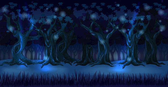 Panorama cartoon background of an oak forest. Seamless parallax for 2D arcade computer game. Glade and trees at dark night in light of moon. Vector illustration