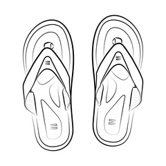 Pair of flip flops, summer time vacation attribute, slippers, shoes, sketch style vector black and white illustration isolated on white background.