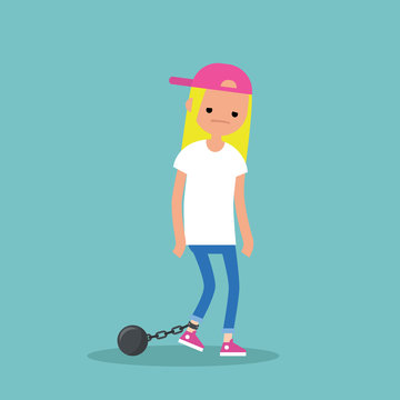 Young exhausted blonde girl wearing shackles. Sad tired character/ flat editable vector illustration