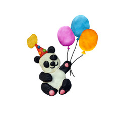 Plasticine  baby panda in party hat sculpture isolated © onanana