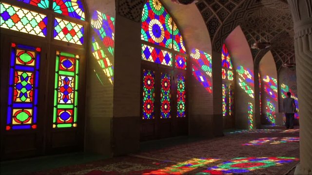 Interior of the mosque Nasir Al-Molk in the ancient Iranian city of Shiraz, colorful shining glass windows