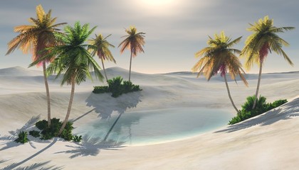 Beautiful oasis in the sandy desert, beautiful desert landscape, palm trees in the desert, 3d rendering
