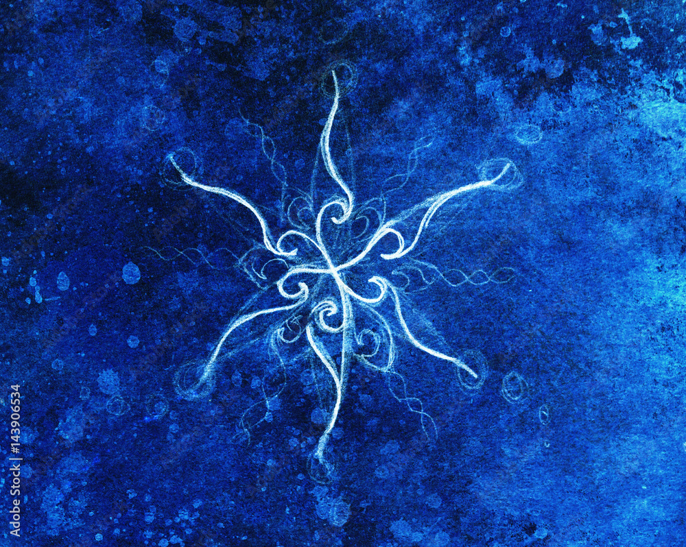 Poster ornamental mandala. original hand draw and computer collage. blue color structure. winter effect.